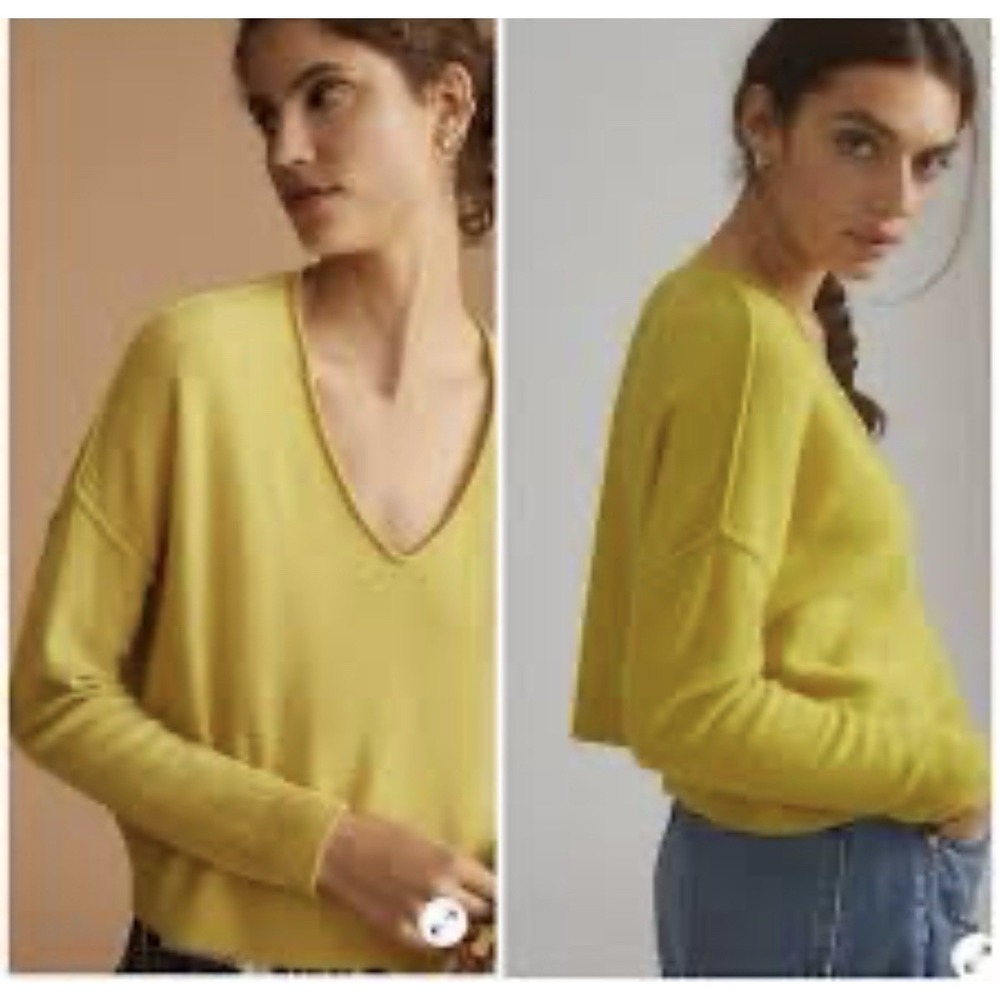 Anthropologie Pilcro Valani Cashmere Sweater Women Size Small V-Neck Crop Lime